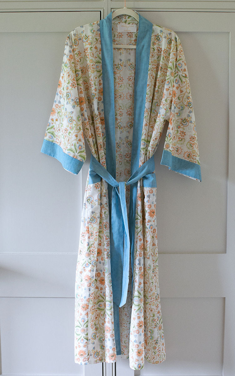 Organic Cotton Kimono Robe, Cowdray Collaboration, sky blue edging
