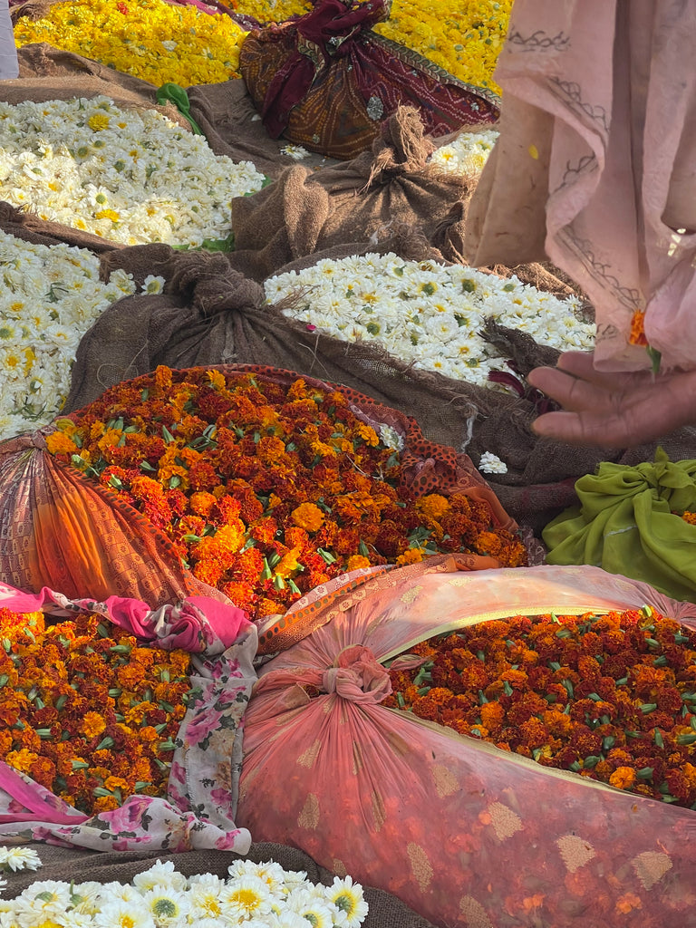 bags of flowers at Jaipur's flowermarket