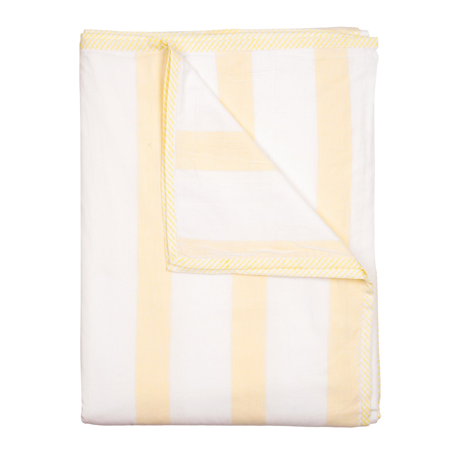Cotton Dohar with pale yellow stripes and edging on a white background