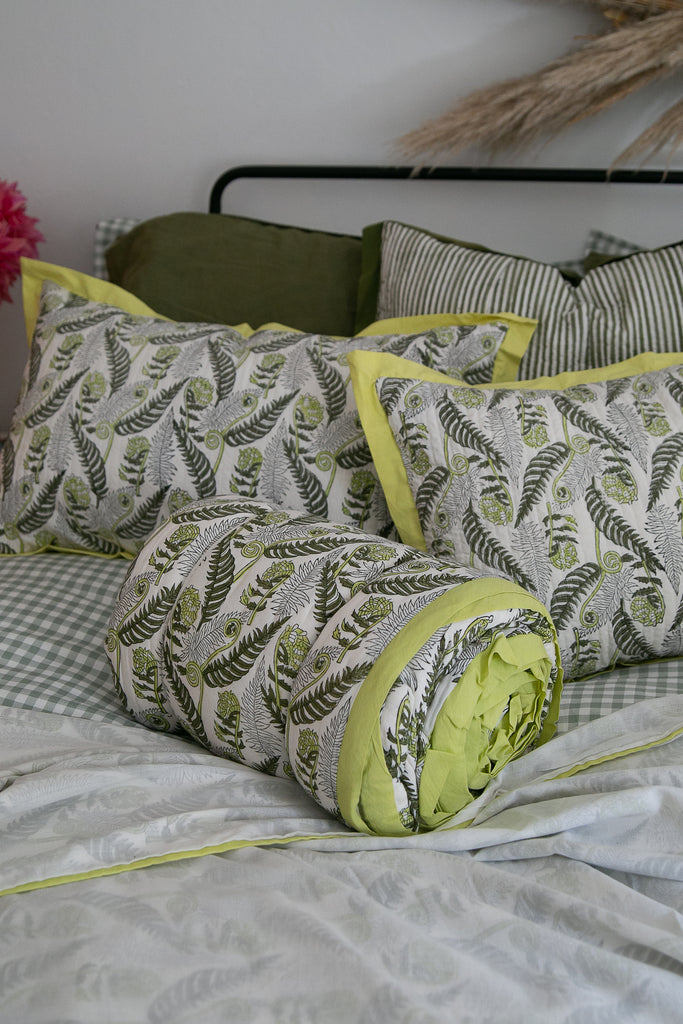 block printed cushions with a matching cotton quilt