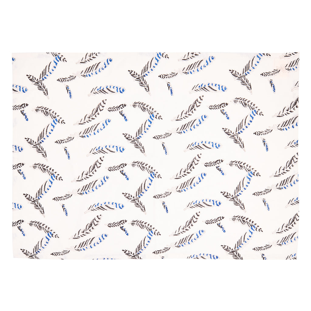 bird's eye view of a jay feather print tea towel