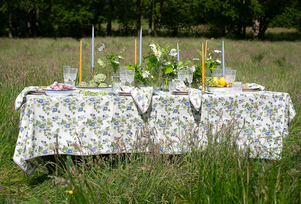 A table dressed for lunch in a field with a block printed tablecloth 