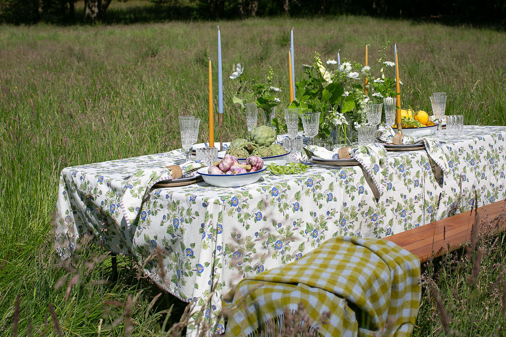 A table beautifully dressed for lunch set in an overgrown field