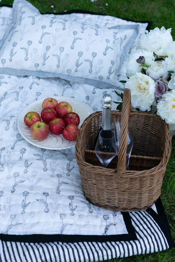 quilt, plate of apples, a cushion and basket with champagne on the grass 