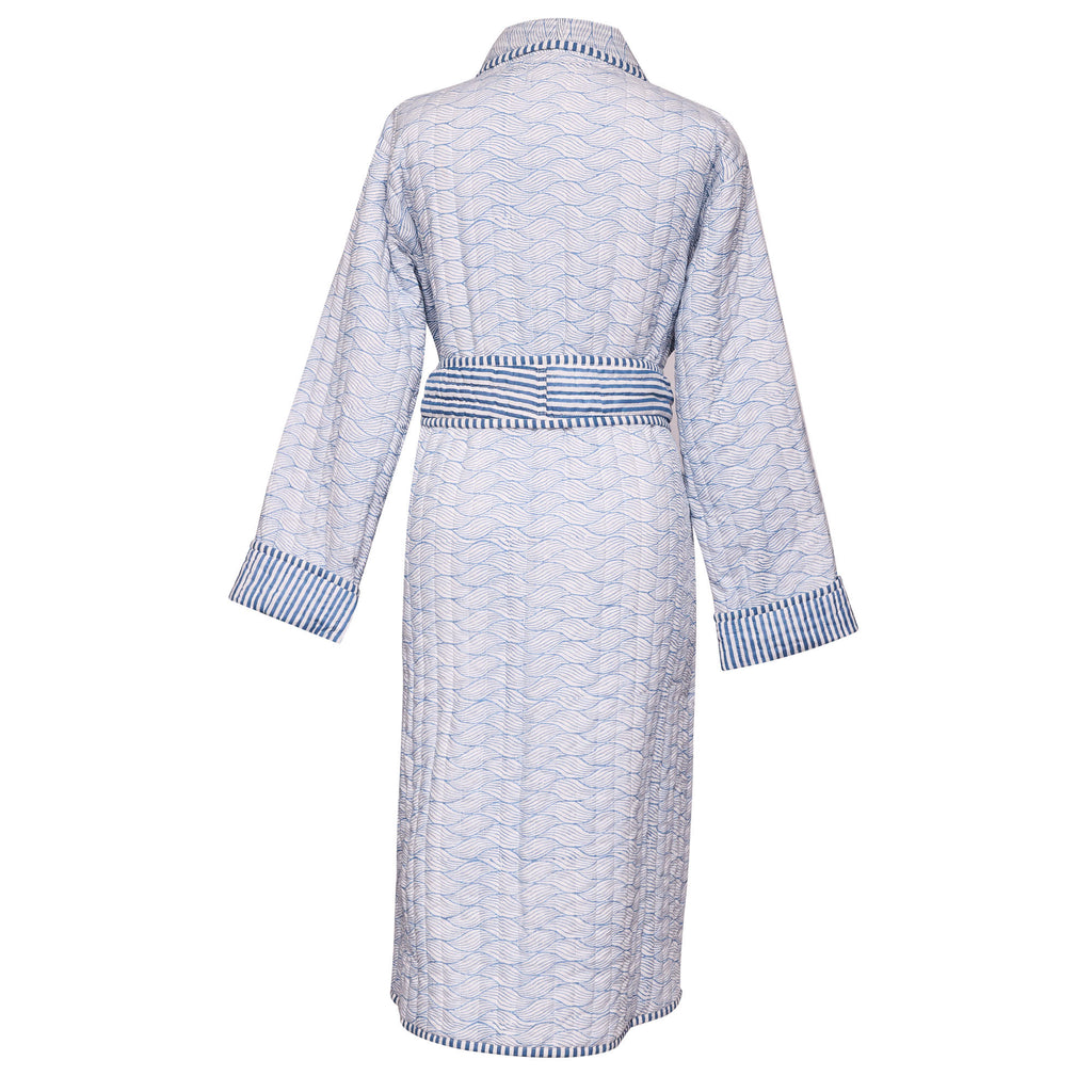 product image of  the back of a blue printed robe 