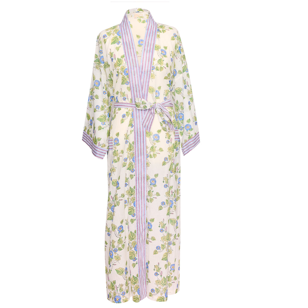 block printed dressing gown in a morning glory pattern 