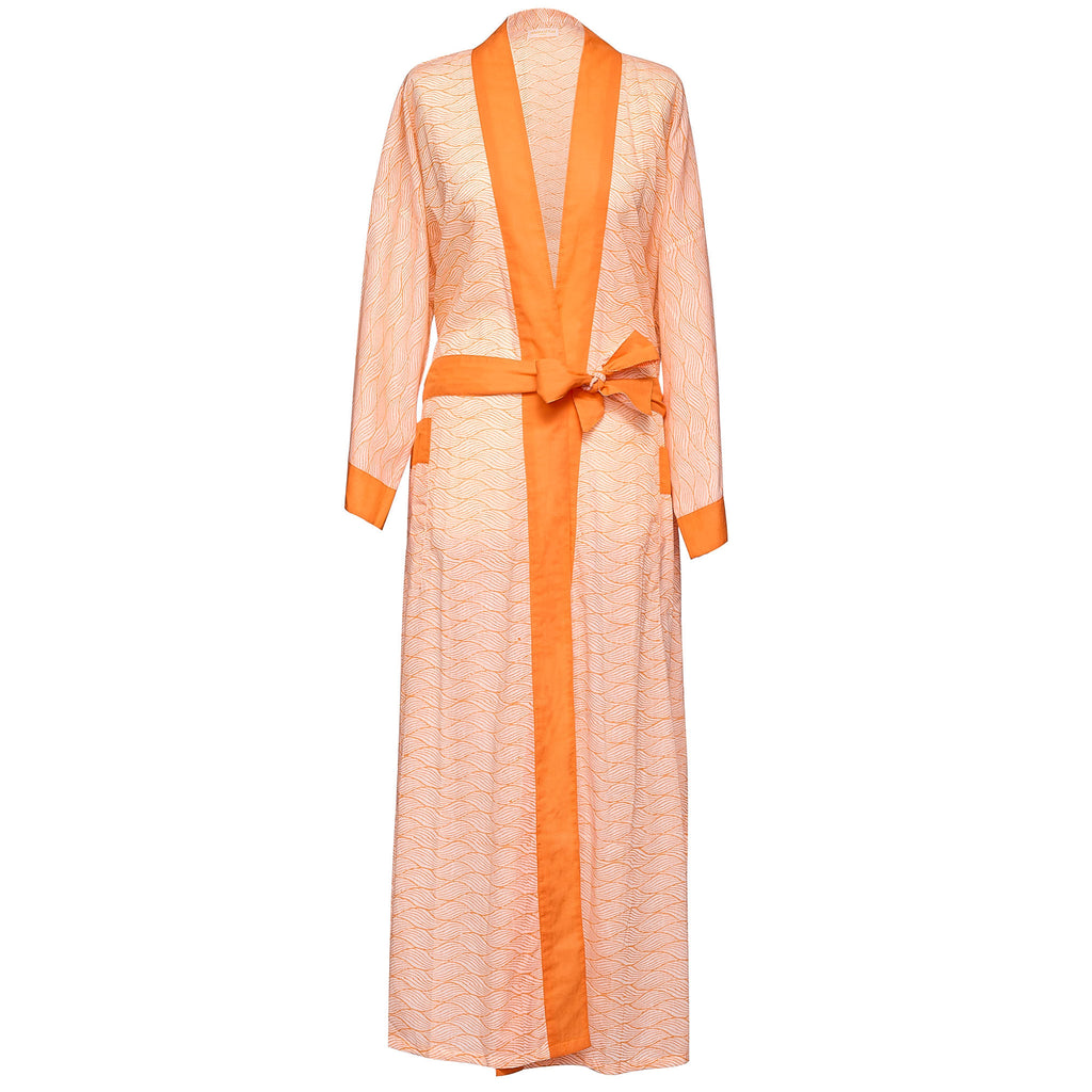 block printed kimono robe in tangerine 