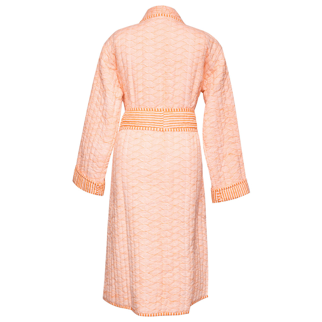 product image of the back of an orange printed robe 