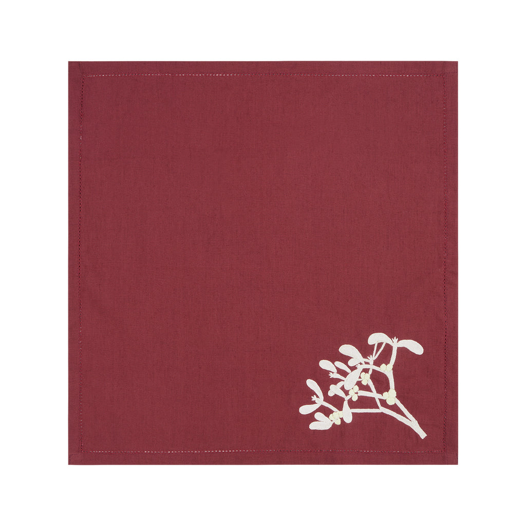 Burgundy napkin with  embroidered mistletoe 