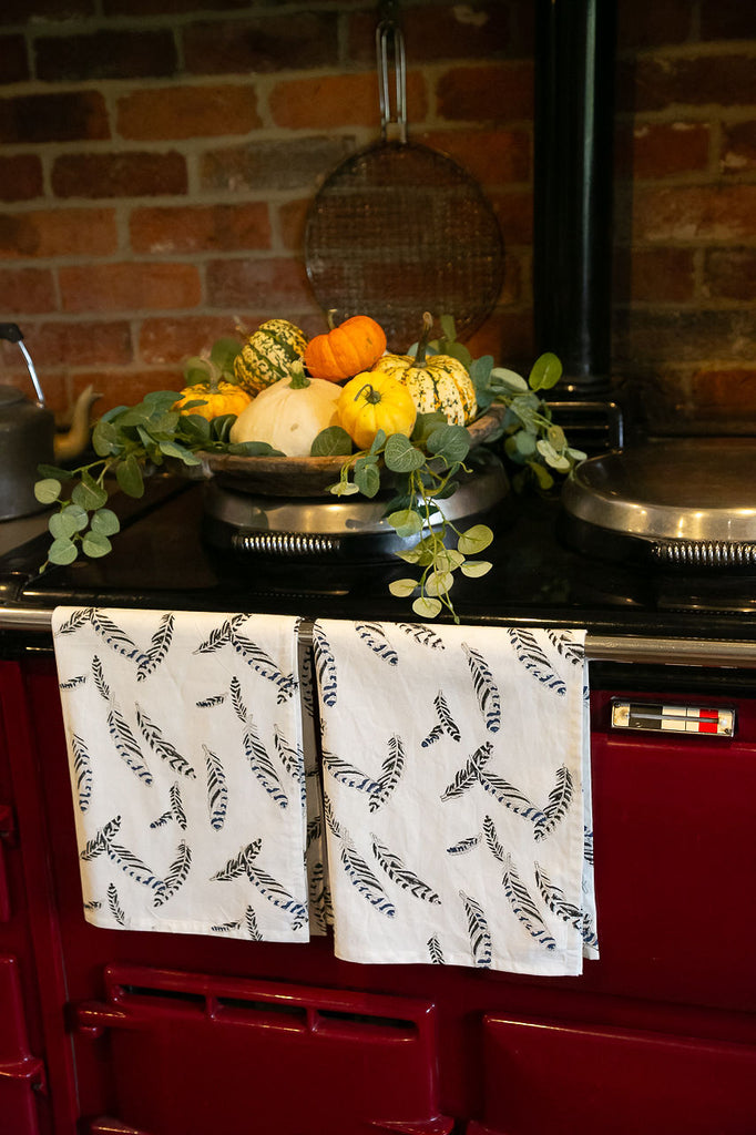 Block printed tea towels, set of two, Jay Feather design.