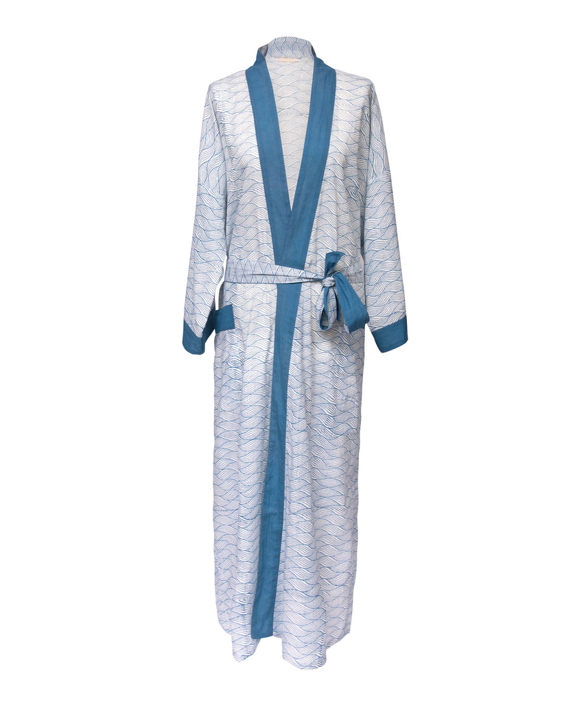 indigo blue block printed kimono robe product image