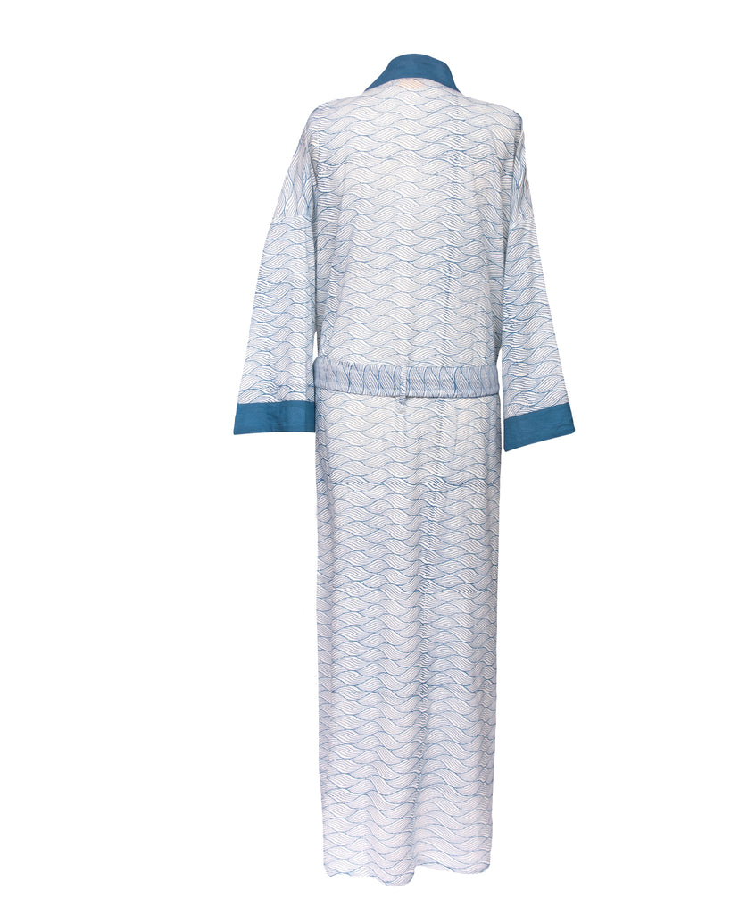 product image of the back of a blue block printed robe 