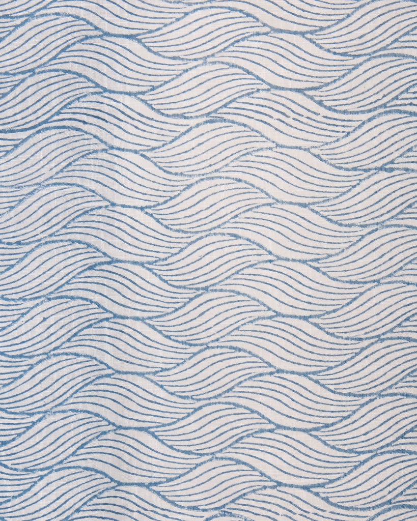 close up of a blue wave block print design 